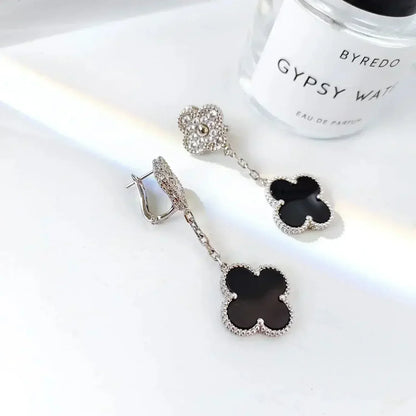 [Stars Jewelry]CLOVER 2 MOTIFS  DIAMOND ONYX EARRINGS SILVER