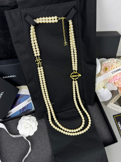[Stars Jewelry]25K Pencil Double C Double-Layer Pearl Sweater Chain
