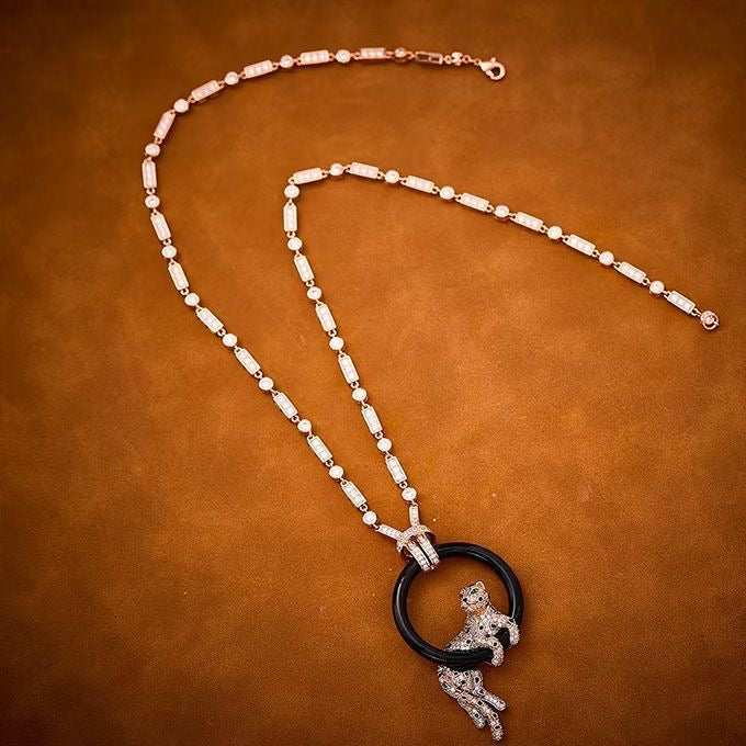 [Stars Jewelry jewelrys]NEW BLACK CIRCLE PANTHER FULL DIAMOND NECKLACE