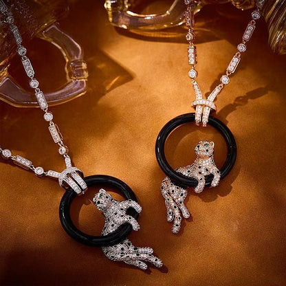 [Stars Jewelry jewelrys]NEW BLACK CIRCLE PANTHER FULL DIAMOND NECKLACE