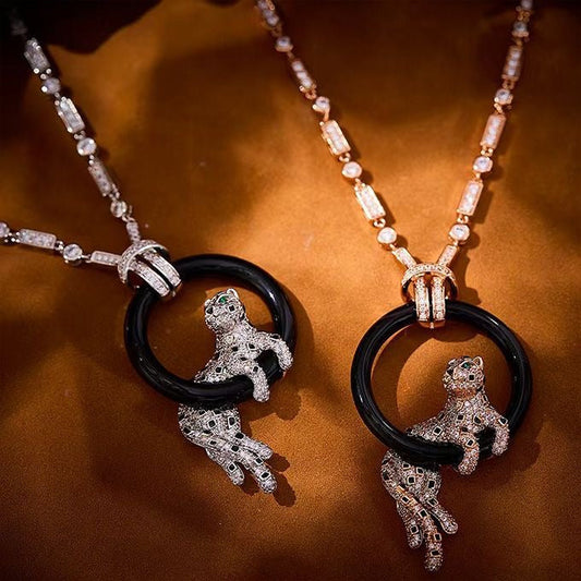 [Stars Jewelry jewelrys]NEW BLACK CIRCLE PANTHER FULL DIAMOND NECKLACE