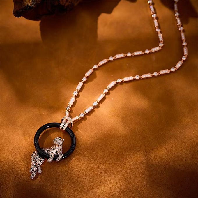 [Stars Jewelry jewelrys]NEW BLACK CIRCLE PANTHER FULL DIAMOND NECKLACE